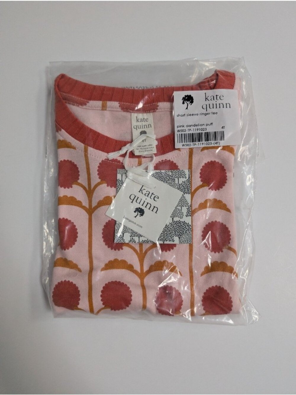 Kate Quinn Organic Cotton Ringer Tee 4T Pink Dandelion Puff Short Sleeve Shirt